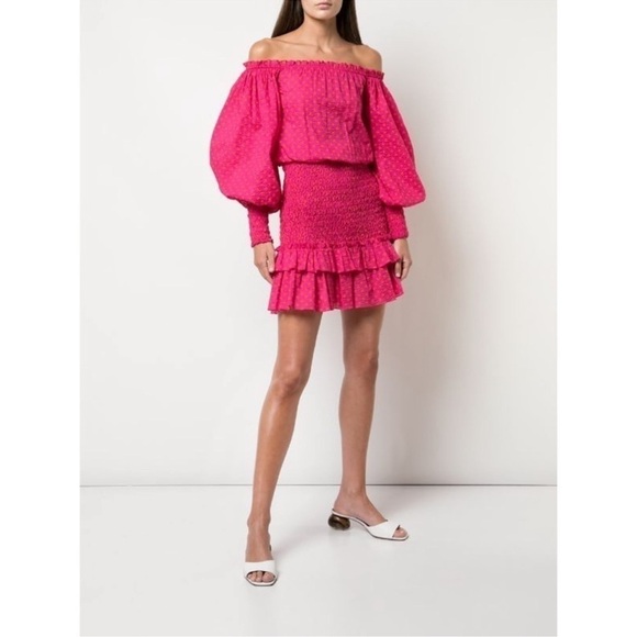 Alexis Polka-dot Off Shoulder Cotton Fuchsia Dress - Picture 1 of 11